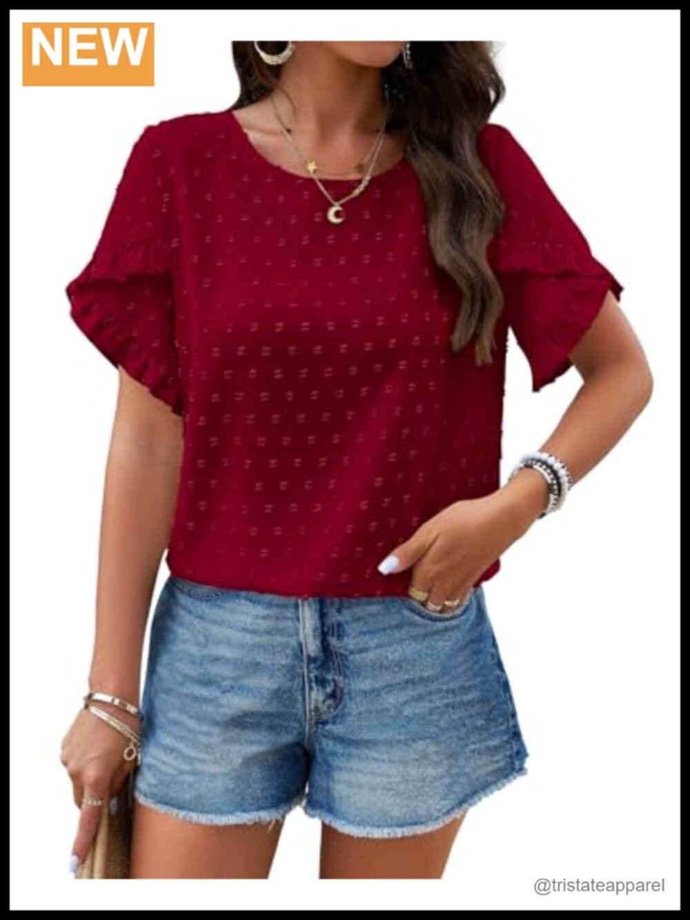 Women Ruffle Sleeve Swiss Dot Tunic Top Loose Fit Blouse